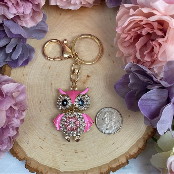 Hot Pink Crystal Owl on a Gold Keychain - Picture 11 of 12